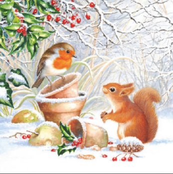 Serviette Eichhörnchen und Rotbrüstchen im Winterwald (Winter Picture)